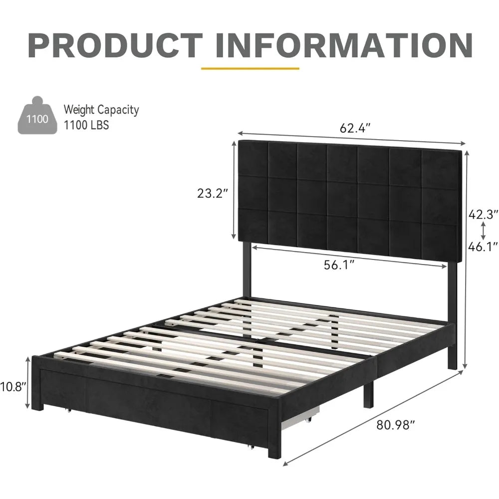 Bed frame, Queen Bed Frame with Drawer Velvet Upholstered Platform Bed with Storage, No Box Spring Needed, Bedroom Furniture