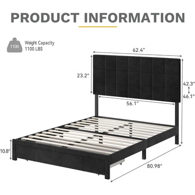 Bed frame, Queen Bed Frame with Drawer Velvet Upholstered Platform Bed with Storage, No Box Spring Needed, Bedroom Furniture