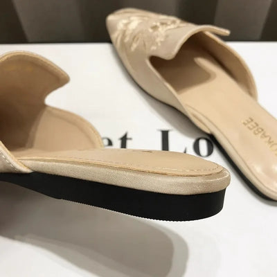 Women's Mules Slippers Summer Footwear Flats Retro Chinese Style Flowers Elegant Dress Low Heel Sandals Designer Slides on sales