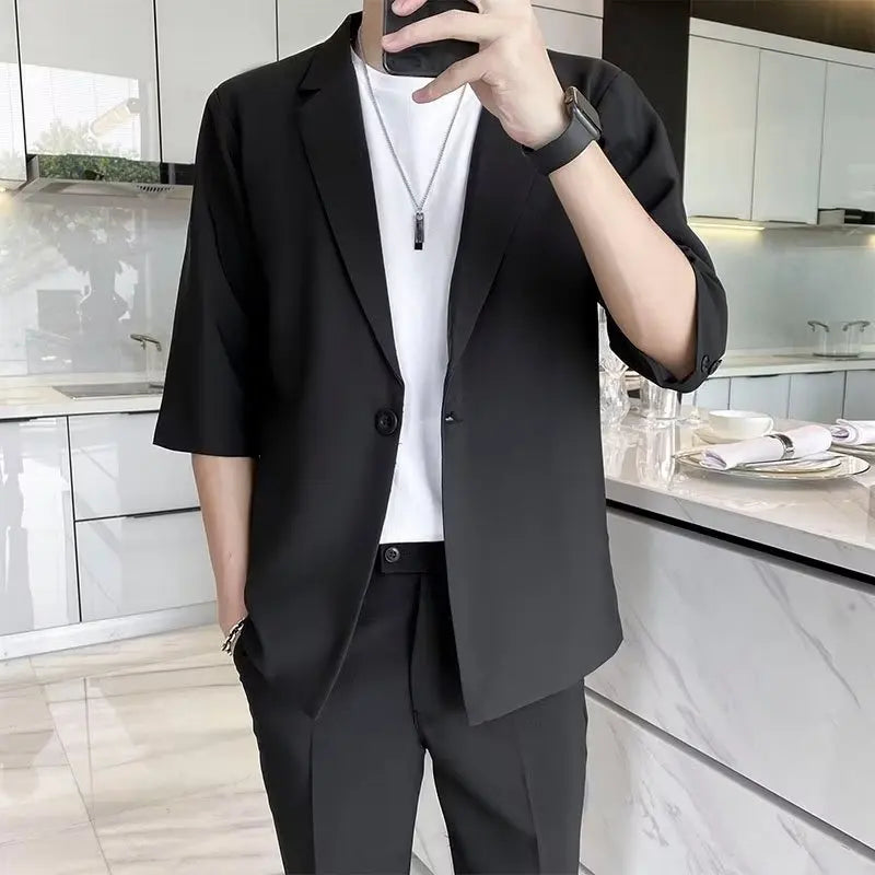 Summer Short Sleeved Blazer Men Fashion Social Mens Dress Jacket Korean Loose Casual Suit Jacket Mens Office Formal Blazer M-3XL