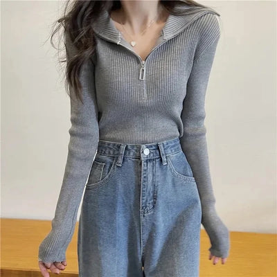 Zip Half Open Collar Knitted Sweater Spring and Autumn Long Sleeve Slim Bottom Shirt Women's Chic Top Pullover Y2k Korean Pulls