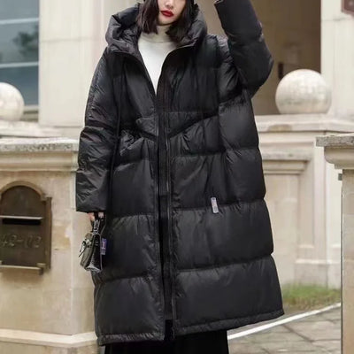 Winter Hooded Drawstring Loose Puffer Jacket Women Solid Oversize Casual Silhouette Long White Duck Down Warm Coat 2024 New Coat
