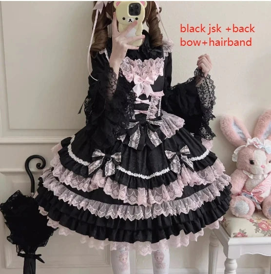 Original Lolita Dress Set Doll Feeling Girl Women's Sweet Jsk Suspender Dress Princess Fairy Lace Bow Sling Cake Dresses