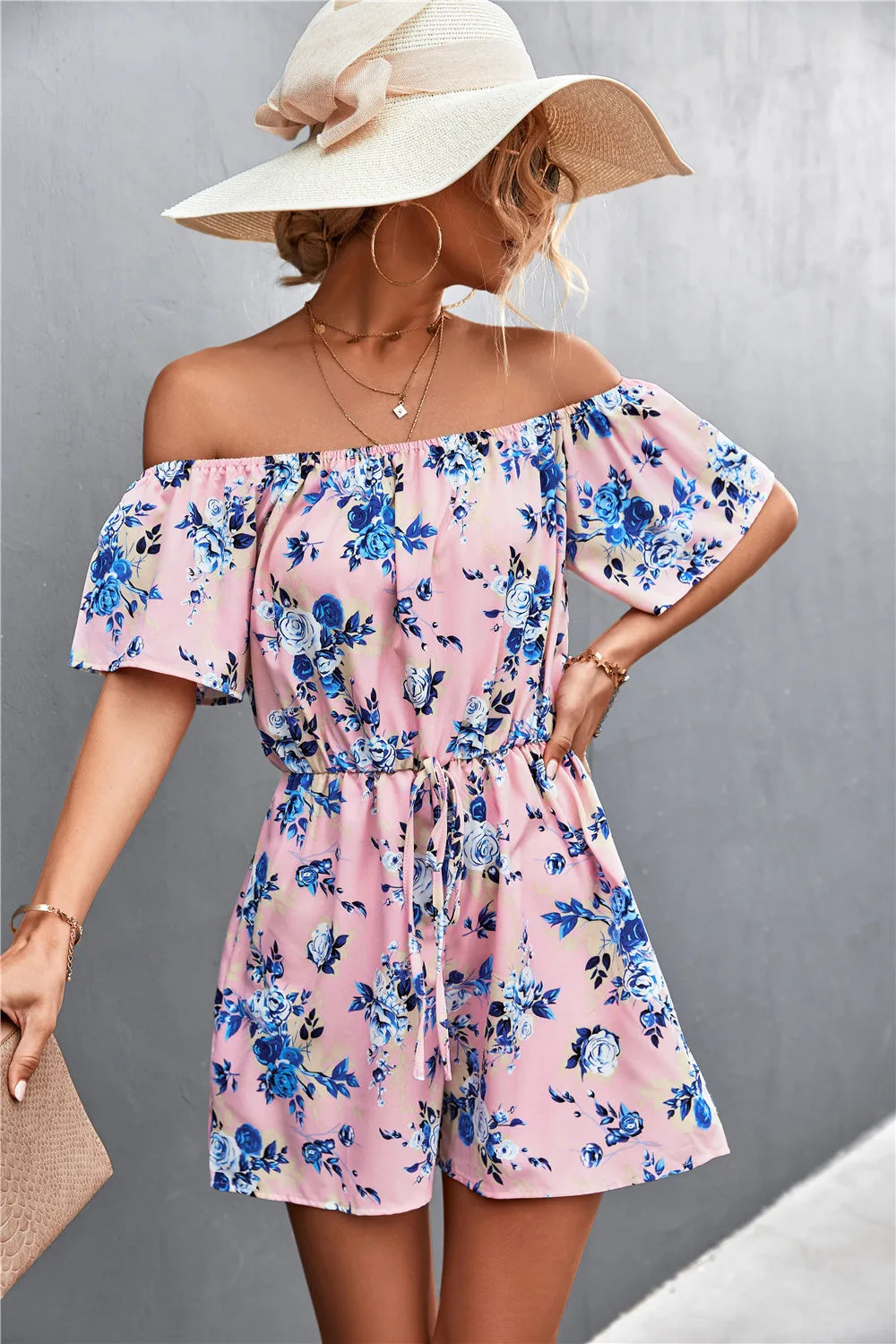 Summer Woman Playsuits Flowers Printed Sexy Off Shoulder Slim Romper Jumpsuit Women Short Sleeve Holiday Beach Playsuit