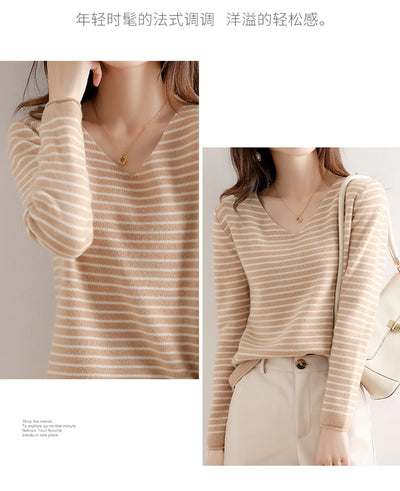 New Striped V-neck Sweater Women's All-Match Loose Sweater Fall Winter Fashion Bottoming Shirt Inner Wear Blouse