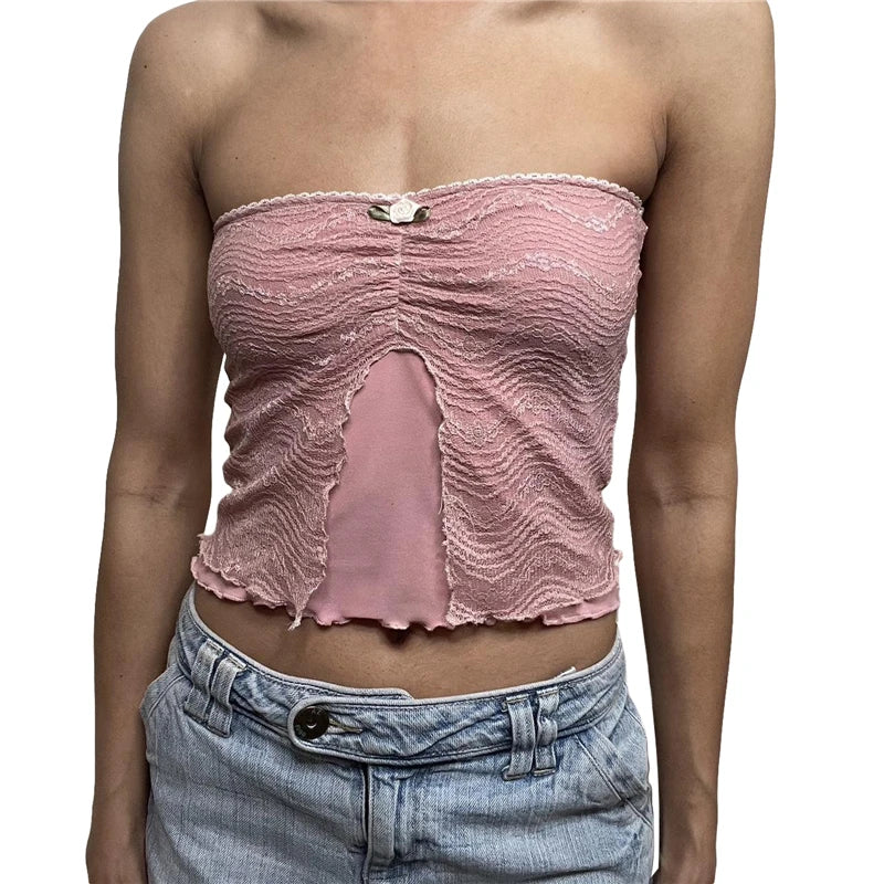 Xingqing y2k Off Shoulder Top Women Fairy Grunge Clothes Summer Sleeveless Lace Trim Patchwork Strapless Tshirt 2000s Streetwear