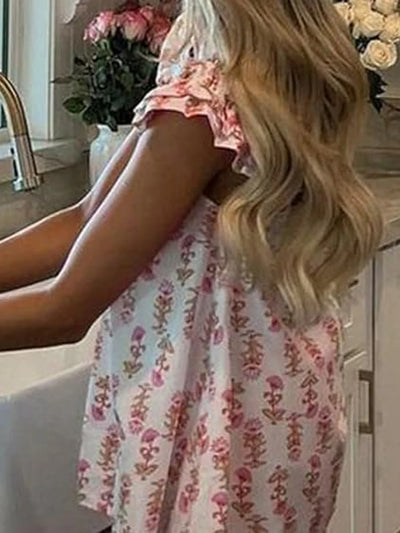 2-Piece Outfits Women Floral Print Summer Set Square Neck Flutter Sleeve Loose Tank Tops Ruffled Shorts
