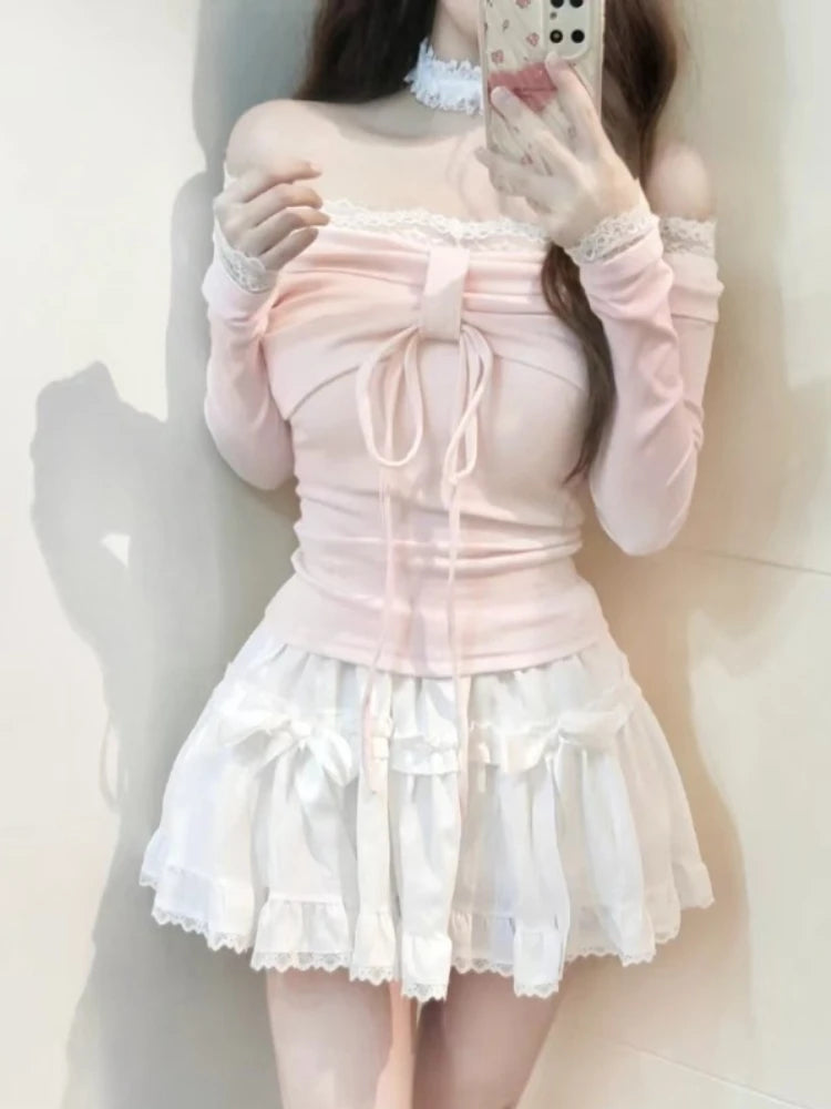 Design Sweet Off Shoulder Pink T-Shirts Women Elegant Kawaii Slim Long Sleeve Lace Tops Female Fashion Lovely Skinny Outfits New