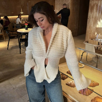 Tornova Retro Knitted Cardigan Irregular Hem Sweater Top 2025 Hot New Autumn Winter V neck Hollow Sexy Sweater Coat Solid Casual