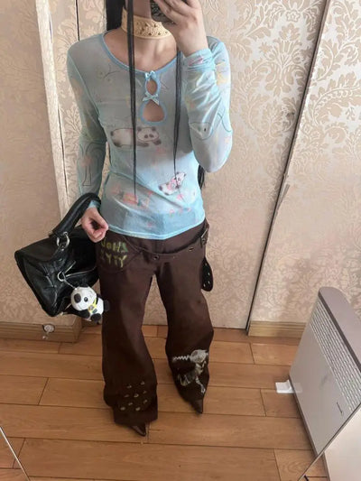 Yedinas Y2k Blue Mesh Tops Long Sleeve T Shirt Women Clothes Slim Spring Tops See Through Sheer Tshirts Grunge Aesthetics Tees