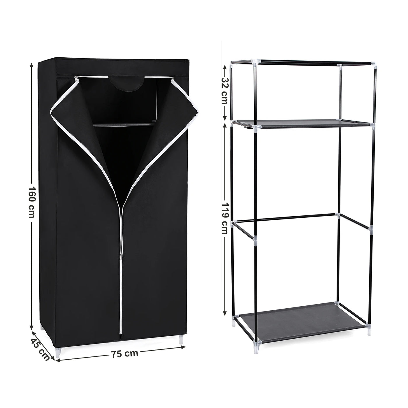 Fabric Wardrobe, Foldable Closet with Hanging Rail, Single Clothes Rack, Storage Organiser