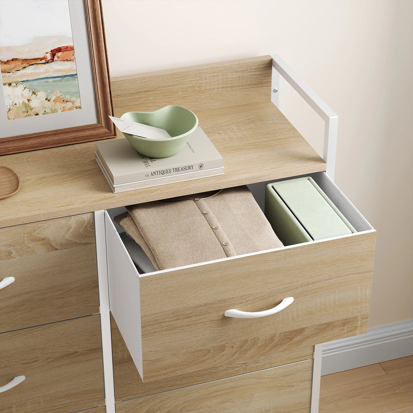 Chest of Drawers with 8 Fabric Drawer Sideboard Storage Cabinet for Kitchen Office with Charging Sockets Steel Frame 132x88x30cm