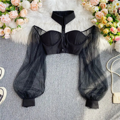 Autumn 2024 Women's Short Shirts Exposed Navels  fashion Sexy Slim Versatile Personalized hanging Neck  Off Shoulder Tops