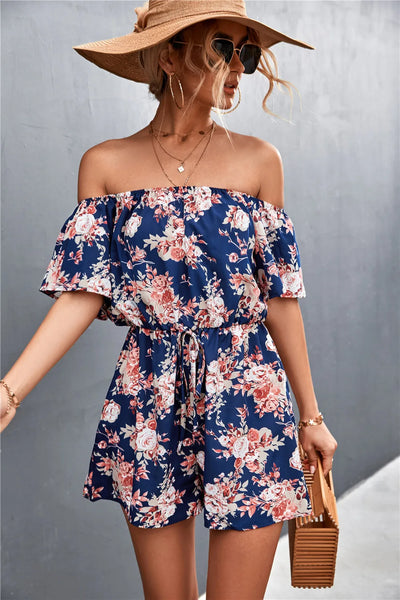 Summer Woman Playsuits Flowers Printed Sexy Off Shoulder Slim Romper Jumpsuit Women Short Sleeve Holiday Beach Playsuit