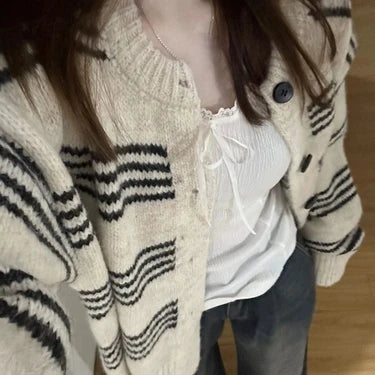 Patchwork Contrast Color Striped Knitted Cardigans Women Y2k Aesthetic Single Breasted Coats New Streetwear Casual Loose Sweater