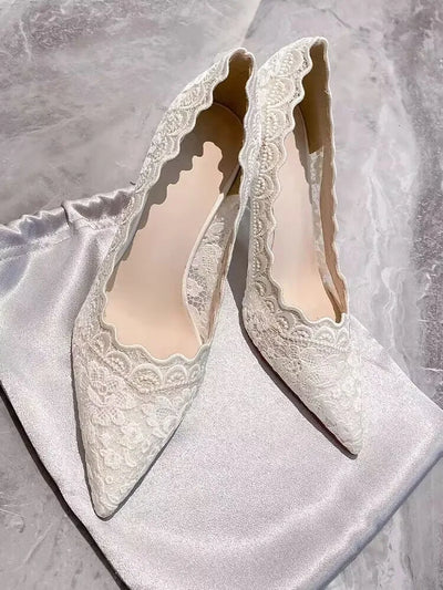 White Wedding Shoes Bridal Shoes Design Sense Niche Lace Pointed Stiletto Heel Shallow French High Heels Female Temperament