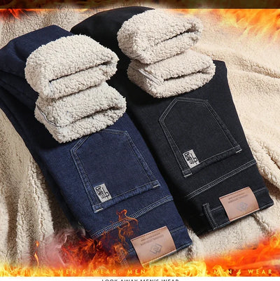 Men's Wool Velvet Jeans Winter Fleece Thickened Business Casual Straight Denim Pants Soft Cozy Thermal Stretch Trousers Male