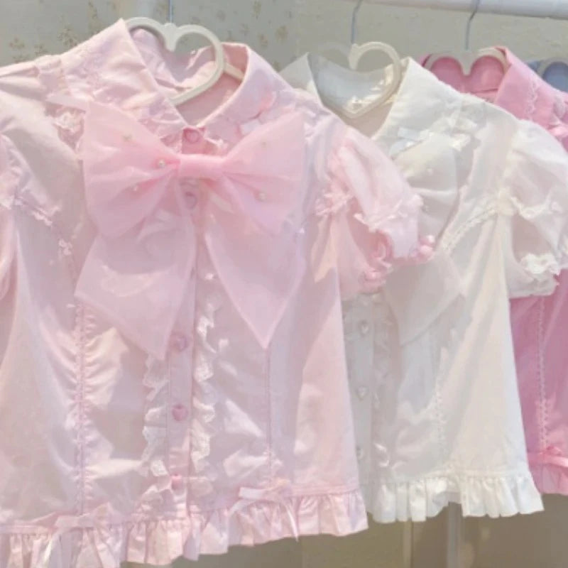 Japanese Lolita Shirts Vintage Elegant Women Classical Sweet Short Sleeve Blouse Ruffles Bow Casual Y2k Crop Tops Gothic Blusas