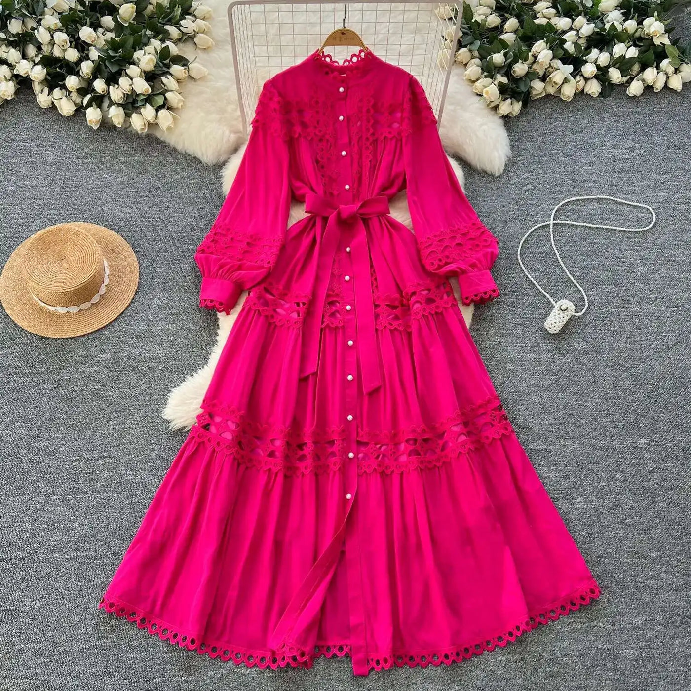 Elegant Long Maxi Hollow Out Dress Shirt Women Summer Autumn Palace Retro Pearl Button Embroidery Crochet Evening Party Vestidos