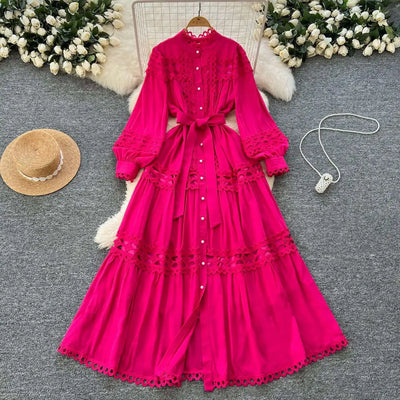 Elegant Long Maxi Hollow Out Dress Shirt Women Summer Autumn Palace Retro Pearl Button Embroidery Crochet Evening Party Vestidos