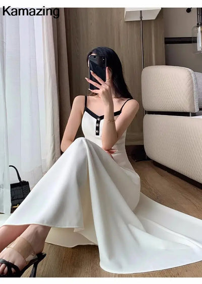 Elegant Solid Midi Dress 2 Piece Set Office Lady Chic Suit Spring Short Jacket Sleveless A-line Dresses Outfits Korean Clothes