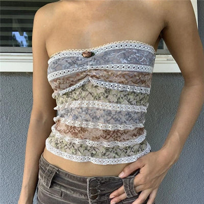 Xingqing y2k Off Shoulder Top Women Fairy Grunge Clothes Summer Sleeveless Lace Trim Patchwork Strapless Tshirt 2000s Streetwear