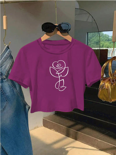 Red Rose Print Cropped T-Shirt