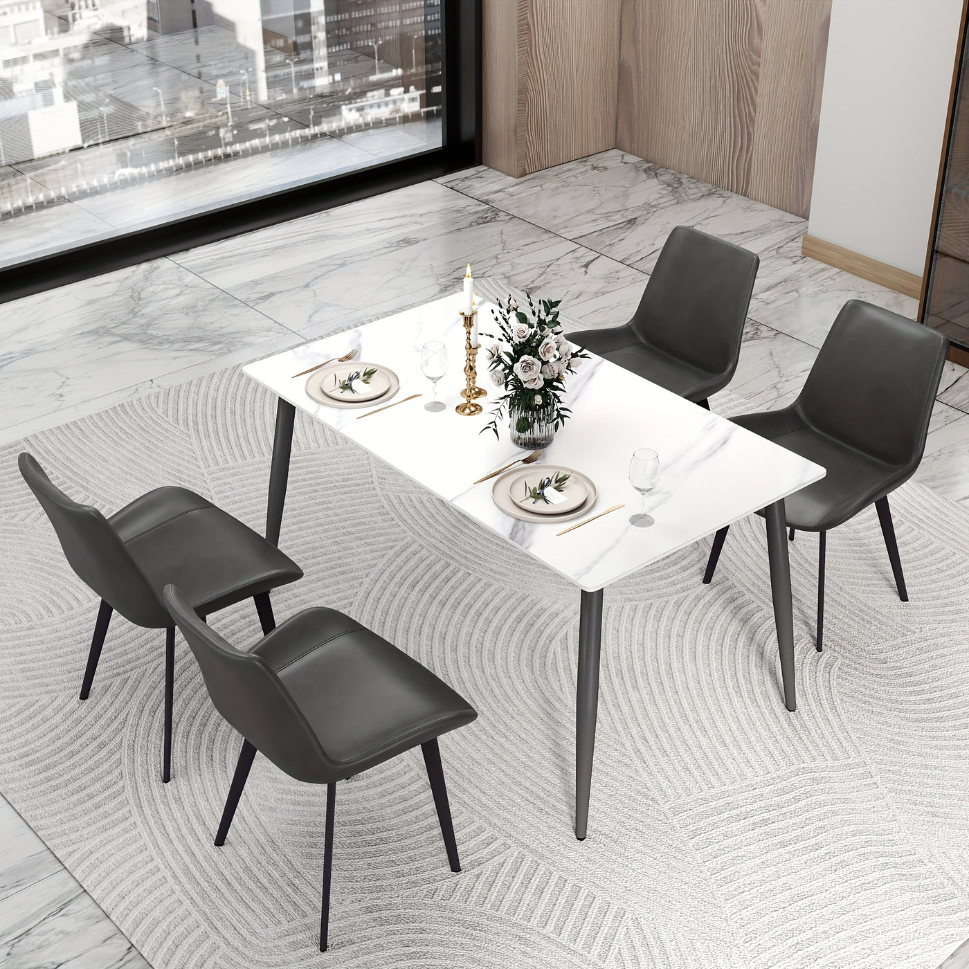 Modern White Sintered Stone Dining Table with Solid Carbon Steel Legs - Space-Saving Rectangular Table for Small Spaces, Easy Assembly, Scratch & Heat Resistant, 200lb Weight Capacity, Marble-Like Surface, Ideal for Apartment