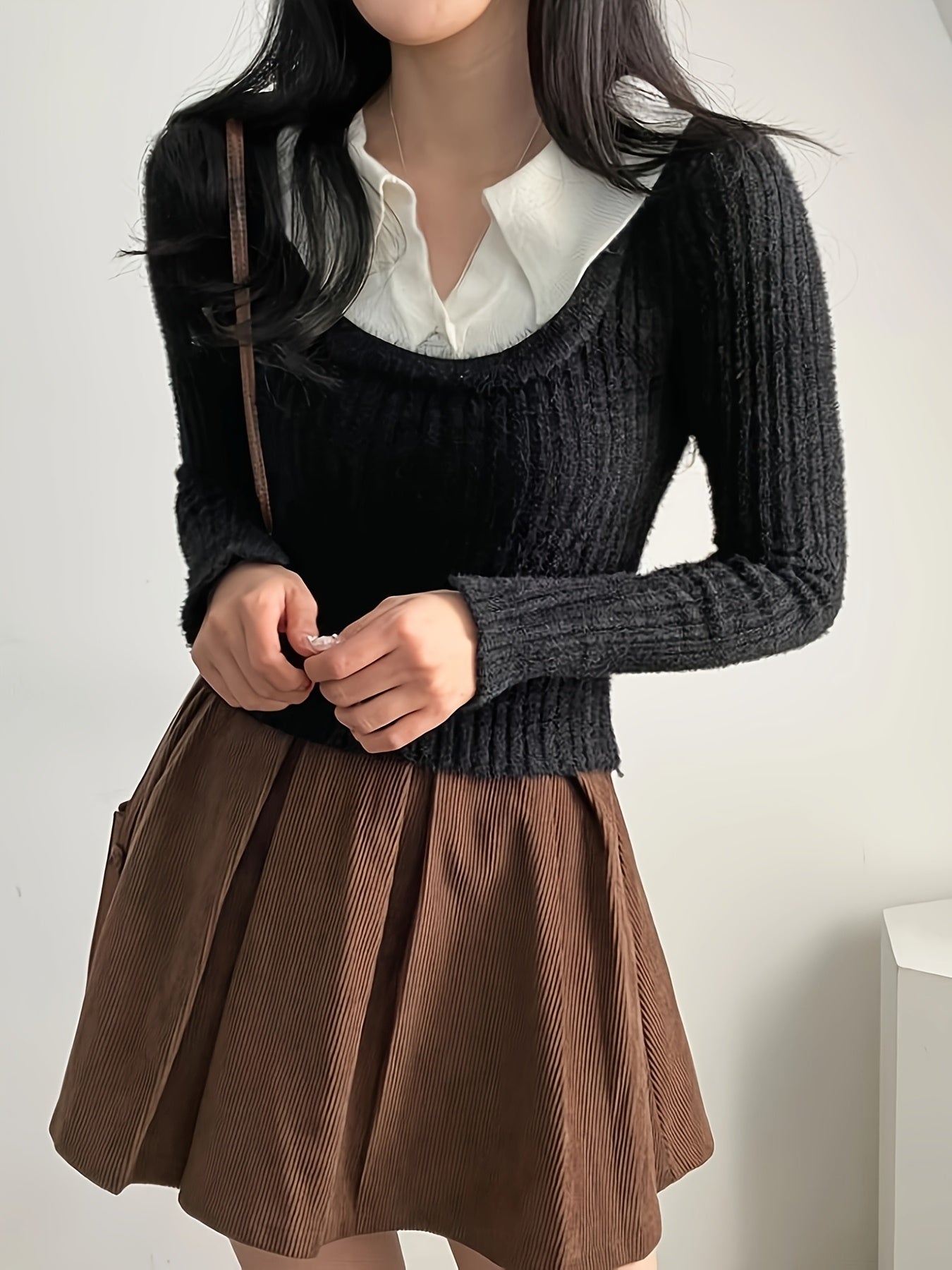Korean Chic Autumn And Winter Design Unique Faux Two-Piece Large Collar Knitted Sweater for Women