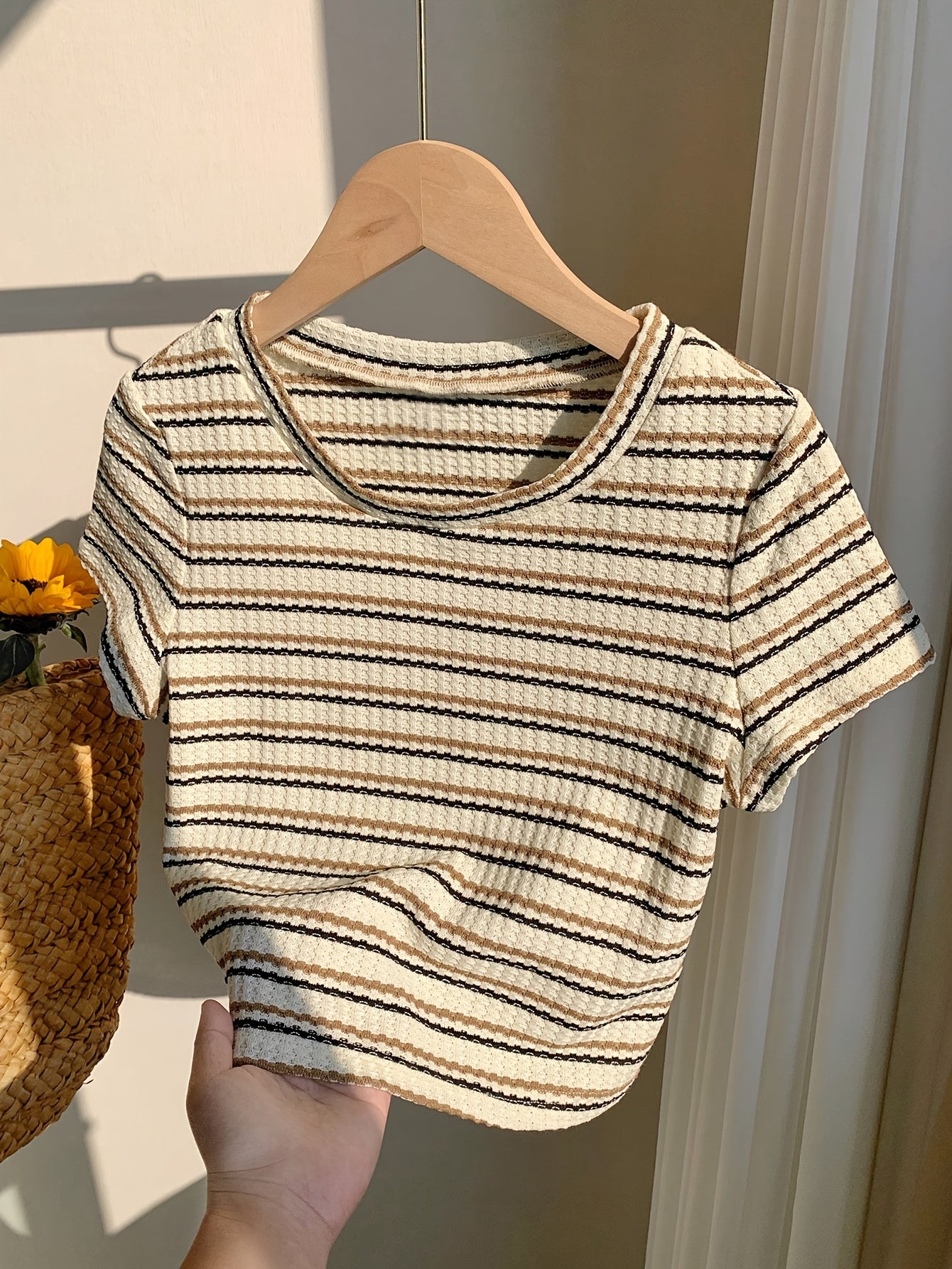 Women's Elegant Striped Casual T-Shirt - & Beige Horizontal Stripes, Medium Stretch, Machine Washable, All-Season Versatile Top for Casual Attire, Ladies T Shirts, Mediumstretch Material, Nontransparent Fabric