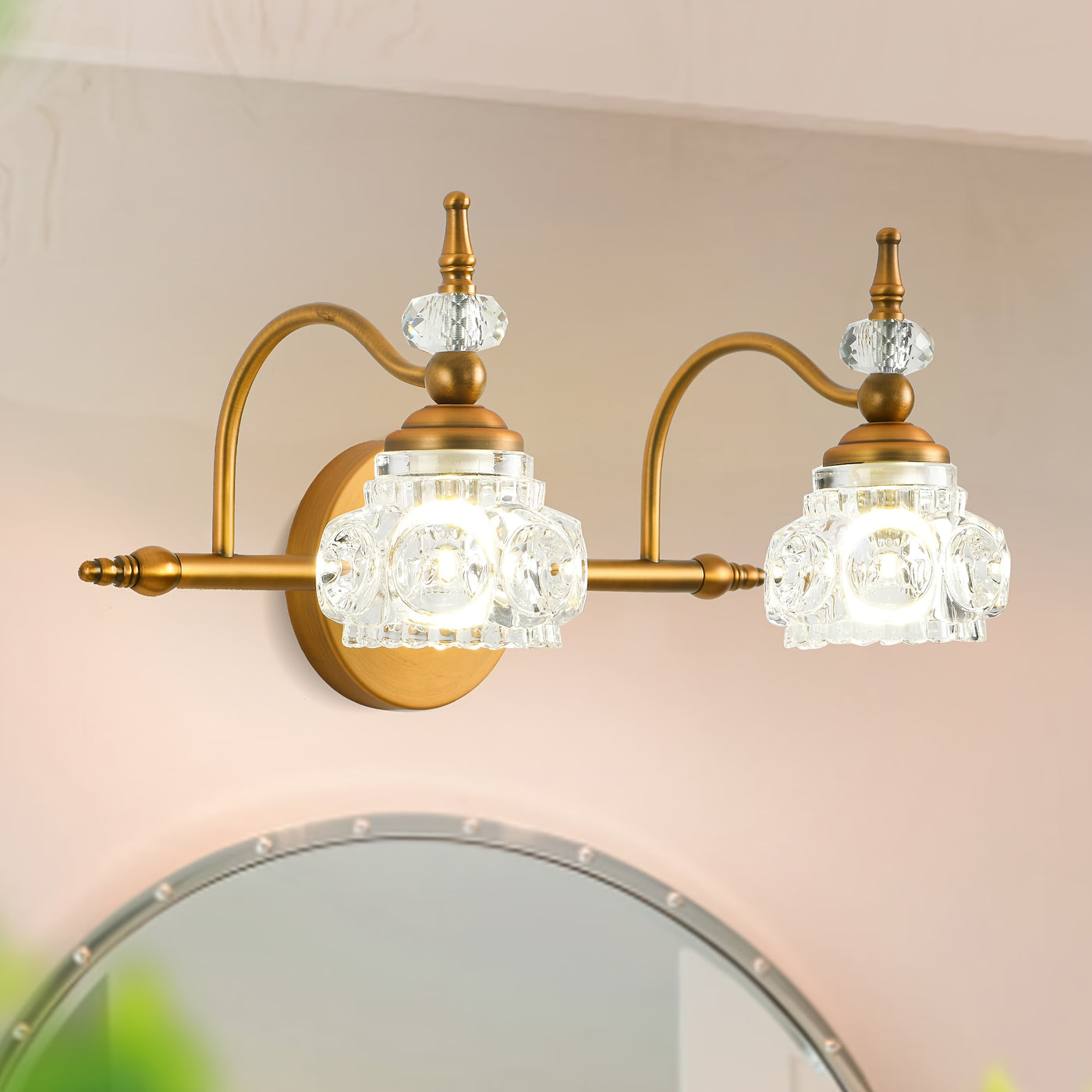 Vintage Golden Bathroom Vanity Light Fixture with 2 Crystal Glass Shades - Elegant Wall-Mounted Design for Living Room, Bedroom, Stairs, Courtyard, Hallway - Polished Finish, Semi-Flush Mount, Hardwired, 110-220V, Bathroom De