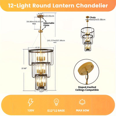 18 Inch Farmhouse Chandelier - 12-Light Adjustable Tiered Pendant Light Fixture, Black & Golden Modern Rust-Resistant Metal Lantern for Entryway, Staircase, Foyer, Dining Room - Semi-Flush Mount, E12 Bulb Compatible (Bulbs No