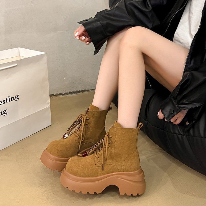 Women's Faux Cover Faux Fur-like Texture Boots - Chunky Low Heel Mule Ankle Boots with Lace-Up & Buckle Closure, Round Toe Fitted Heel, Beige/Tan/Black/White/Gray/Blue/Green/Pink/Red/Brown - Retro Chunky Lace-Up Boots for Wom