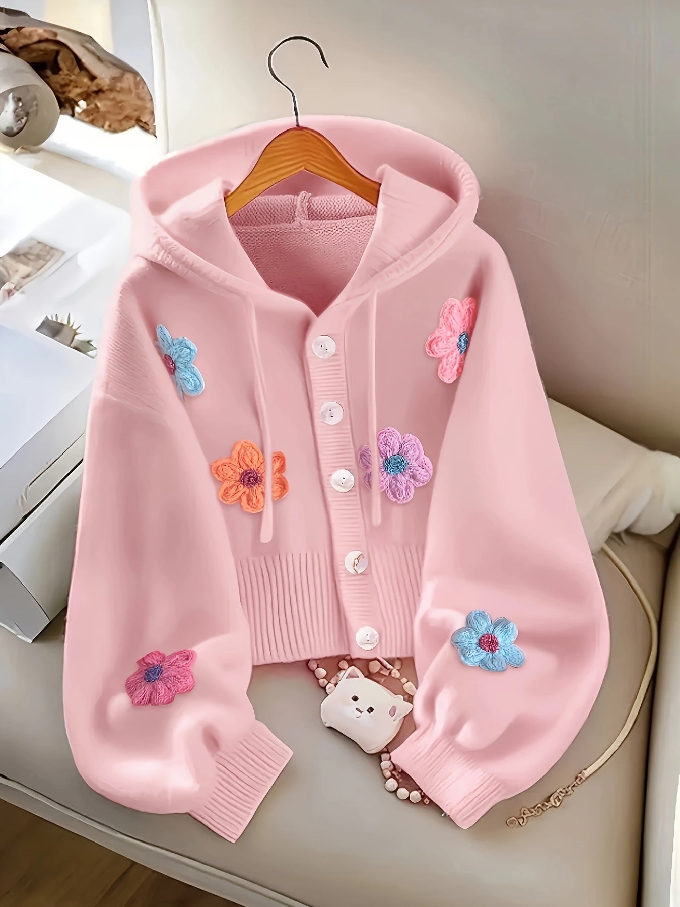 Casual Chic Loose Daisy Hooded Cardigan - Perfect for Office, Home, and Streetwear Outings