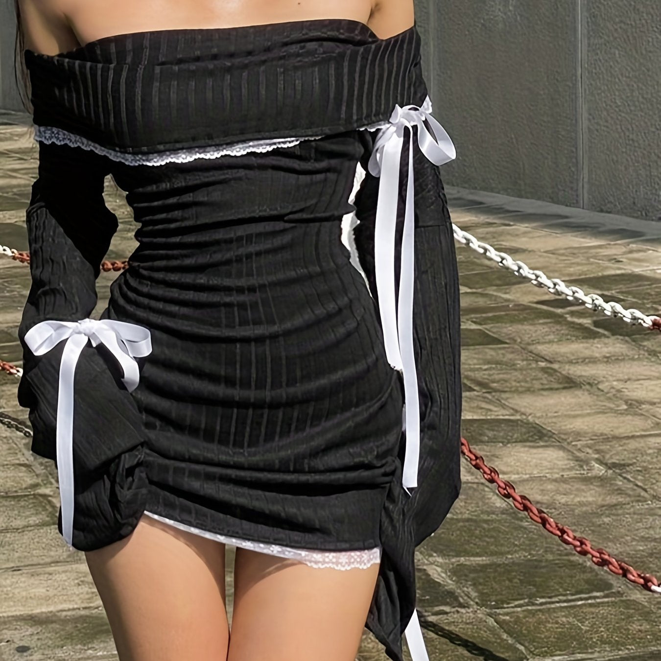 E-girl Gothic Kawaii Bow Mini Dress Korean Sweet Girl Lace Trim A-line Dress Fairycore Grunge 00s Retro Y2K Coquette Streetwear