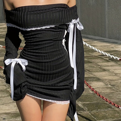 E-girl Gothic Kawaii Bow Mini Dress Korean Sweet Girl Lace Trim A-line Dress Fairycore Grunge 00s Retro Y2K Coquette Streetwear