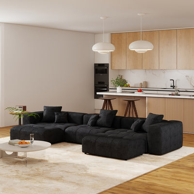 144" Modern White Linen Modular Sectional Sofa with 2 Ottomans - 3-Seater L-Shaped or U-Shaped Configurations, Plush Cushioned Deep Seat, Hardwood Frame & Chenille Fabric, Removable Washable Cover, Neutral-Toned Living Room C