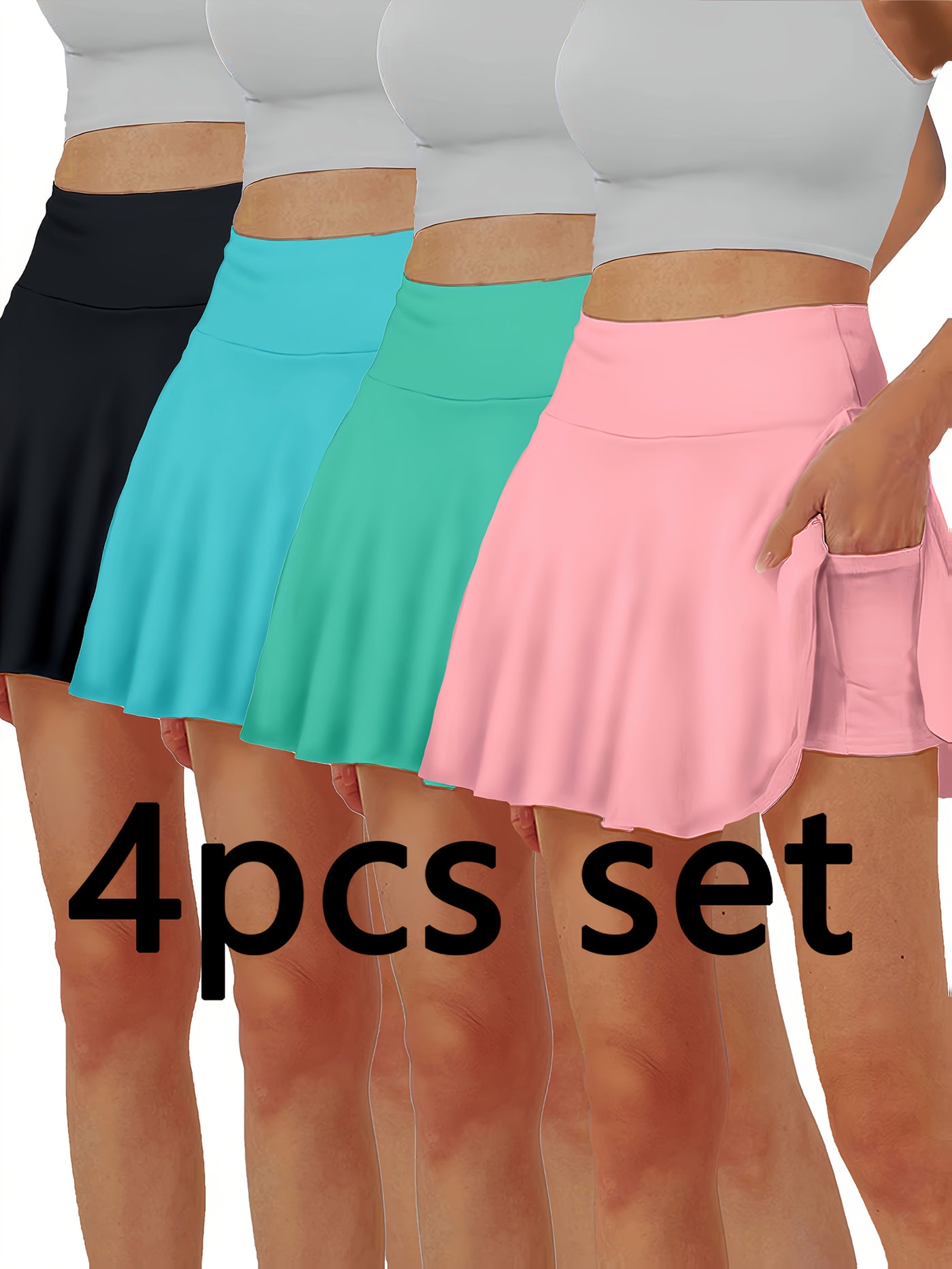 4pcs Women'S Skirt, Elegant Half Waist Skirt, Summer Skirt, Korean Pocket, Gift for Wife, Family, Friends, Breathable Skirt with Built-In Shorts, Anti-Exposure Skirt with Pocket