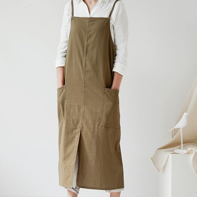 Waterproof Cotton-Linen Apron, Korean Style Japanese Adjustable Pinafore with Pocket, 1pc