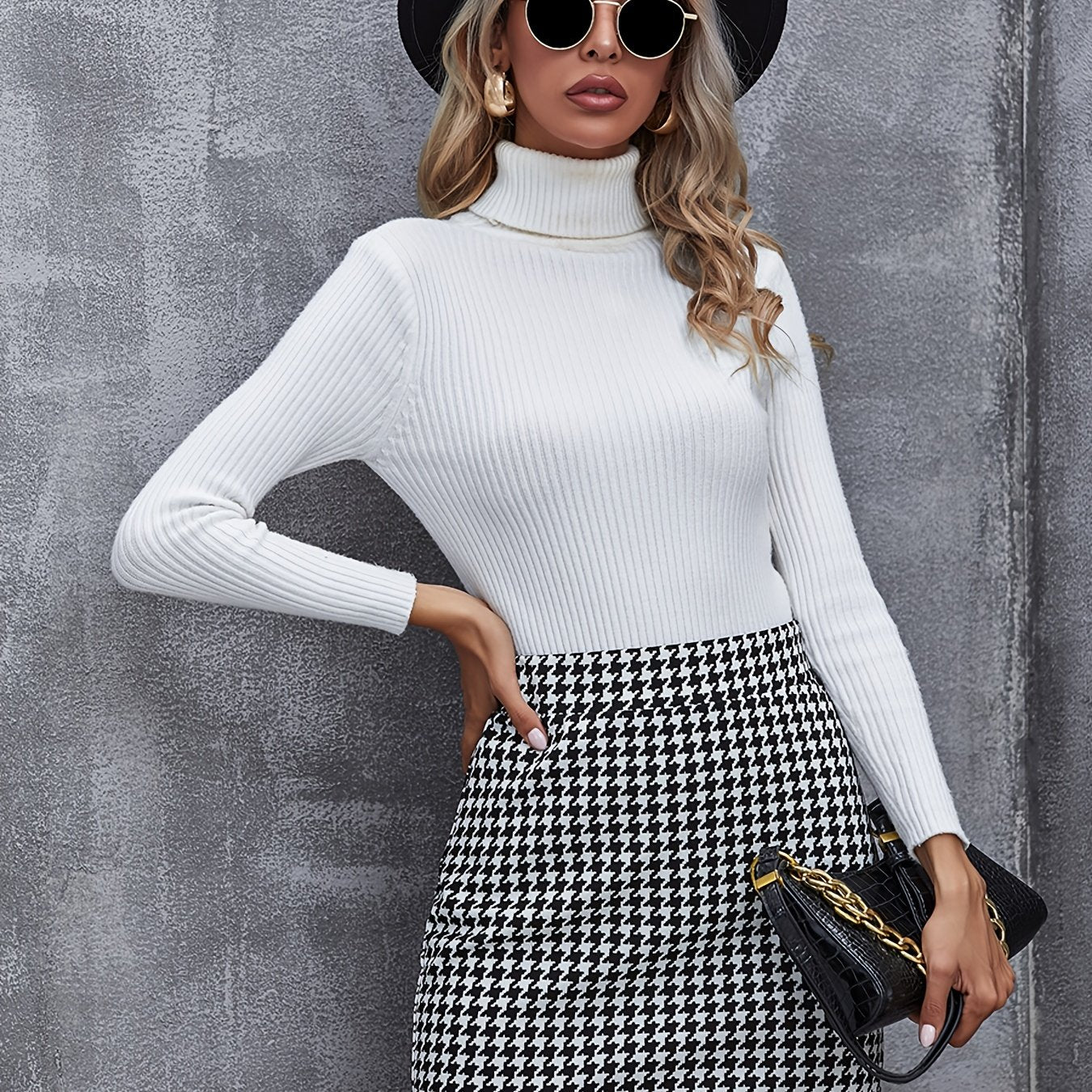 Elegant Houndstooth Skirt, Fashion High Waist Skirt For Work & Office, Women's Clothing