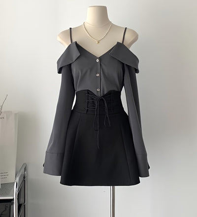 Women Summer Outfits Y2k Streetwear Off The Shoulder Ruffles Patchwork Tops+high Waist Lace Up Bandage A-line Skirts Set for Women Cute Slash Neck Two Pieces Sets Female Clothing