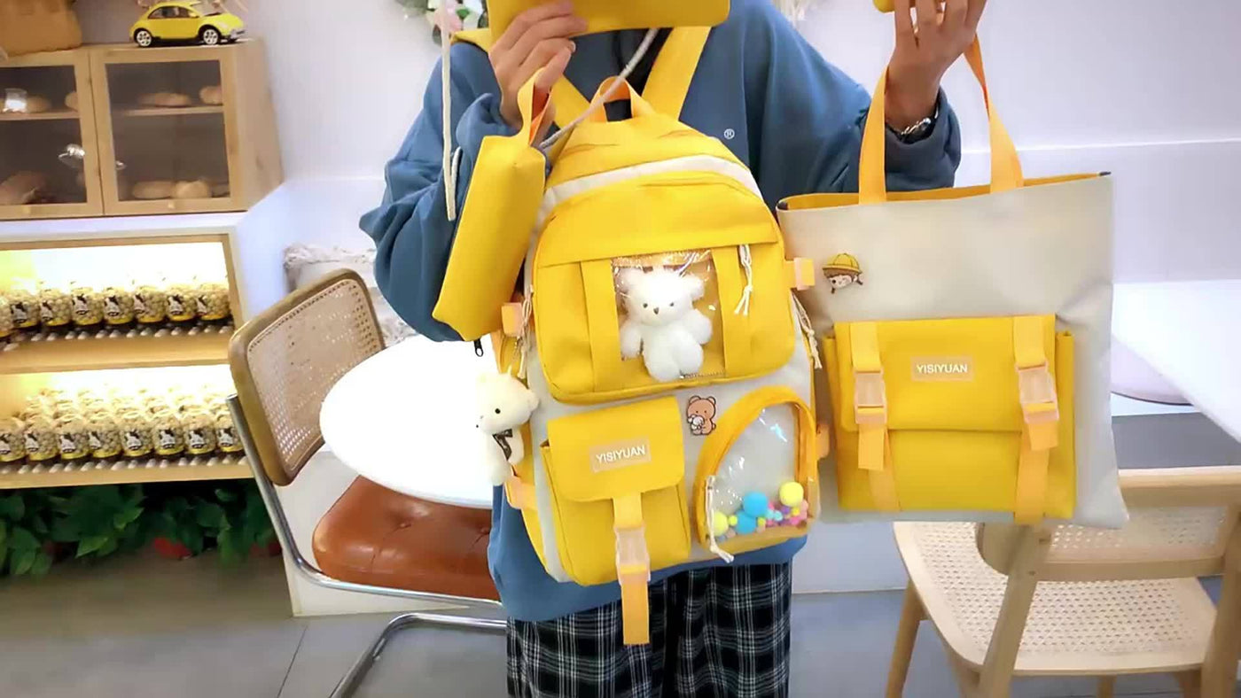 New Five-piece Backpack Korean Version Of The School Bag Women's Lightweight Harajuku Ins Casual Backpack Cute Bear Pendant Backpack