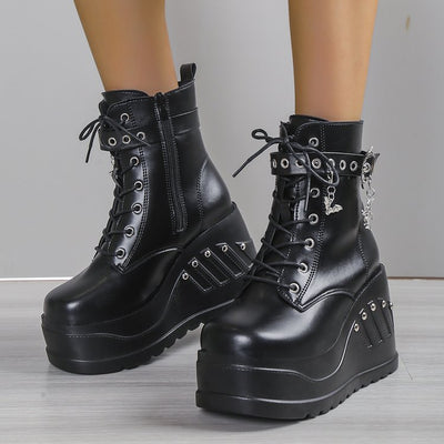 Women's Slip-On Chunky platform boots - Punk-chic ankle boots with non-slip rubber outsole, Faux Cover Shoes for Everyday & special events - Easy Slip-On Closure (Black), Wide Width Boots for Women, Womens Footwear, Woman Hig
