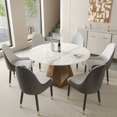 Round Dining Table(Chairs Not Included) - Marble Dining Room Table Round Kitchen Table For 6 To 8, Glossy Sintered Stone Tabletop With Solid Metal Diamond Shape Base, Circle Dining Table For Kitchen