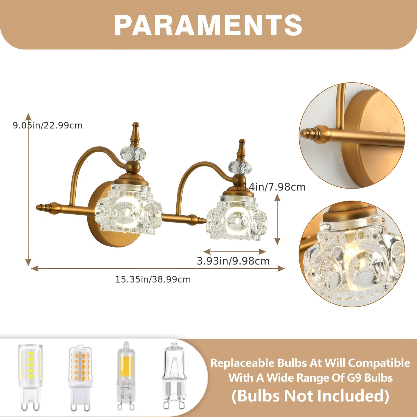 Vintage Golden Bathroom Vanity Light Fixture with 2 Crystal Glass Shades - Elegant Wall-Mounted Design for Living Room, Bedroom, Stairs, Courtyard, Hallway - Polished Finish, Semi-Flush Mount, Hardwired, 110-220V, Bathroom De