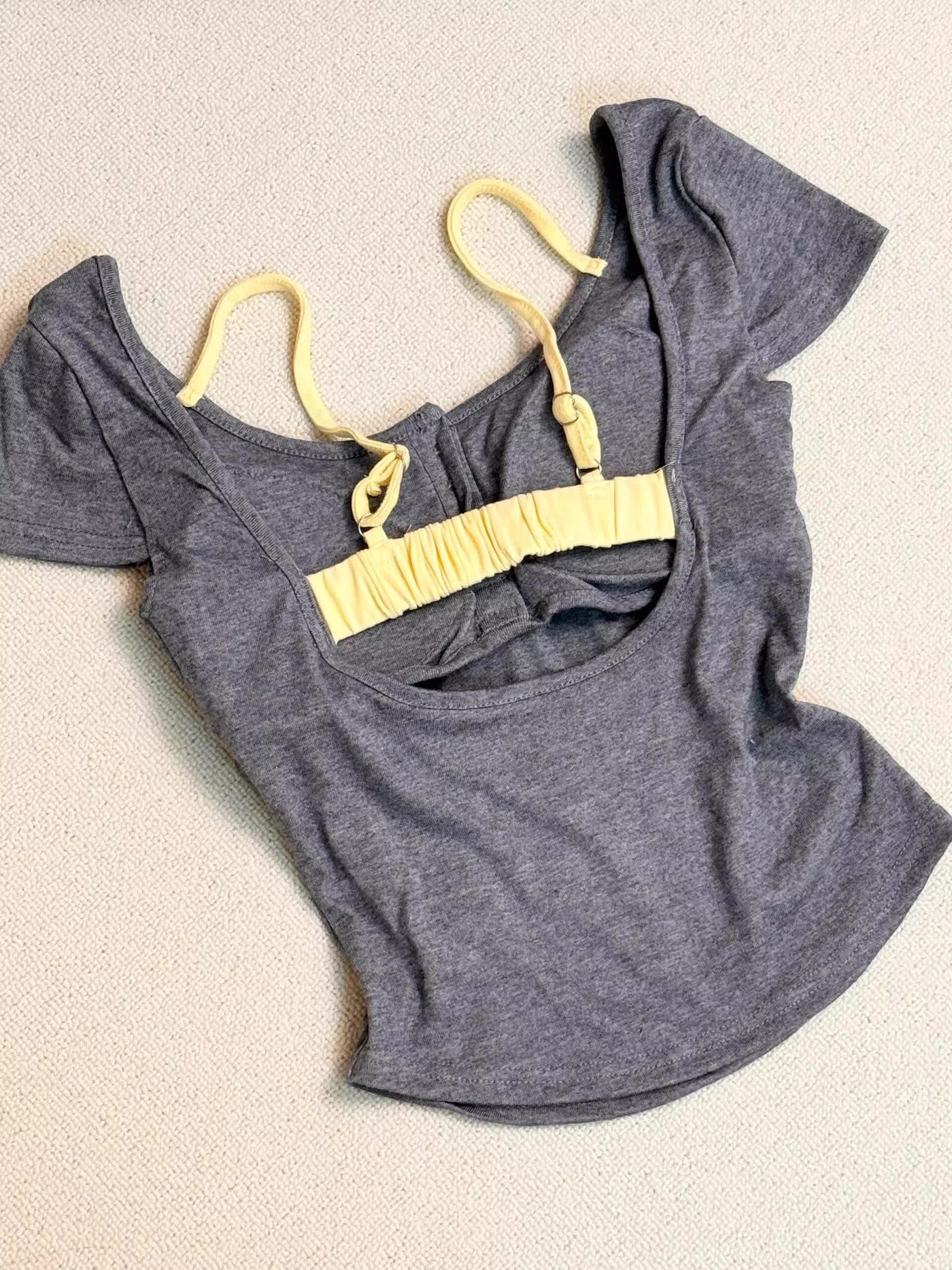 Pure Desire Floral Square Collar Shoulder Short-sleeved T-shirt Women's Summer With Chest Pad