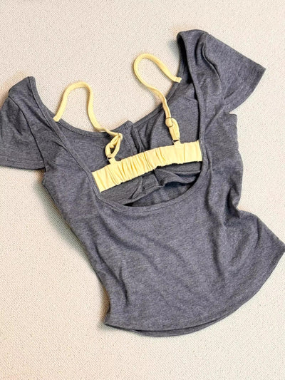 Pure Desire Floral Square Collar Shoulder Short-sleeved T-shirt Women's Summer With Chest Pad