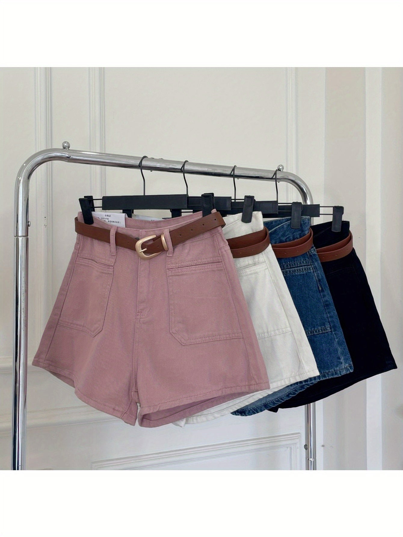 Women's High-Waisted A-Line Denim Shorts - Summer 2024 Fashion, Versatile Korean Style Wide-Leg Hot Pants, White & Pinkish-Beige Jean Shorts with Adjustable Belt, Casual Streetwear for Women, Adjustable Fit Shorts | Buckle De
