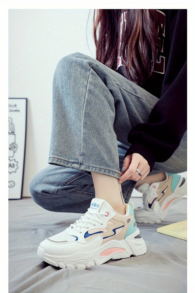 2025 New Women's Breathable Lightweight Mesh Knit Lace-Up Sports Shoes - Cushioned EVA Sole, Striped Design, Low-Top Korean Style for Running, Walking & Road Strolling - All-Season Minimalist Casual Sneakers, Ladies Sneakers,