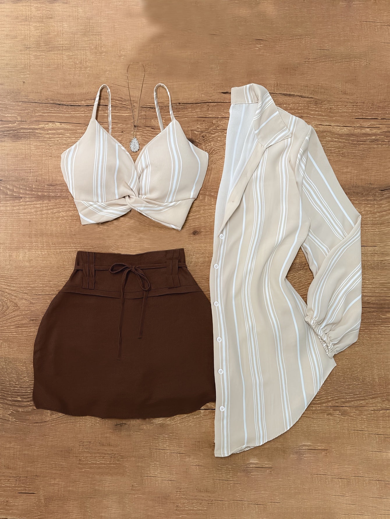 Elegant Striped Knotted Blazer & Skirt Set